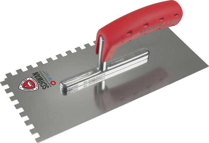 Glättekelle L.280mm B.130mm Zahn 6x6 rostfr.m.Softheft VA S.0,7mm SCHWAN