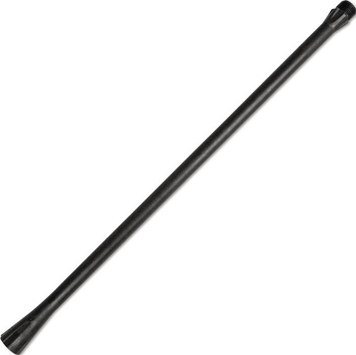 Ein langer, schwarzer, zylindrischer Gegenstand mit gewindeten Enden, der wie eine Antenne oder ein Stab aussieht, vor einem weißen Hintergrund.