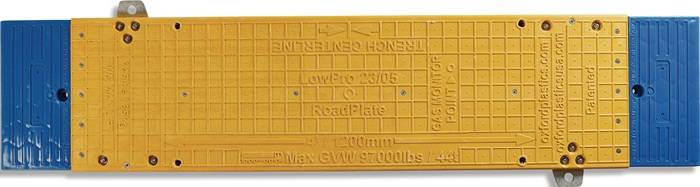 Gelbes rechteckiges Eisenbahnschild mit geprägtem Text und Befestigungsbolzen, umrahmt von blauen Endpanelen und Metallhaltern auf weißem Hintergrund.