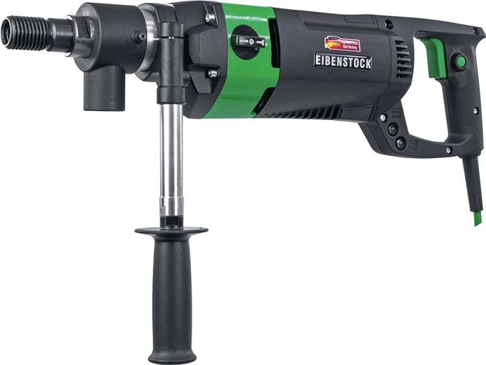 Elektrische Bohrmaschine von Eibenstock mit grün-schwarzem Design, ausgestattet mit einem ergonomischen Seitengriff für stabilen Halt und verbesserte Kontrolle.