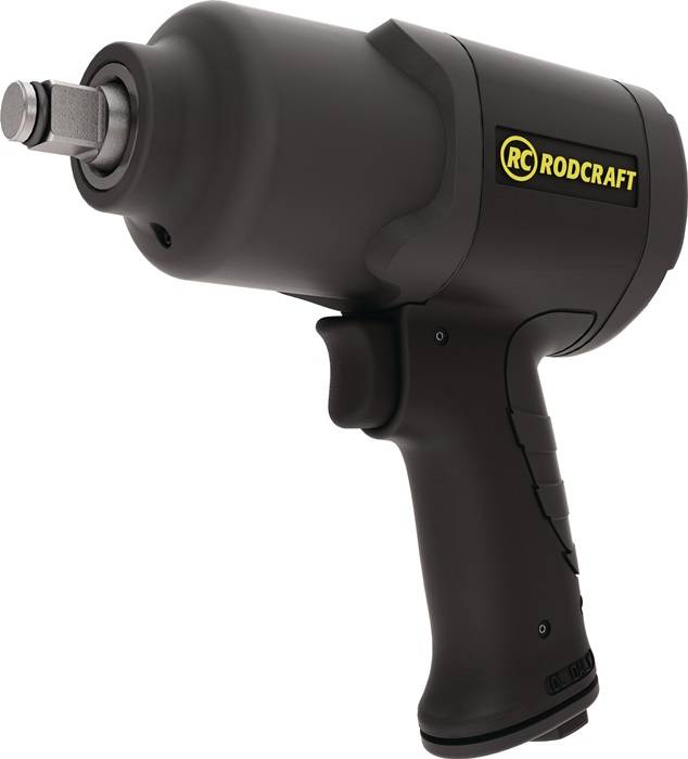 Ein schwarzer RC Rodcraft Druckluft-Schlagschrauber mit gelber Markierung, der einen robusten Griff und einen Metallamboss für professionellen Werkzeugeinsatz präsentiert.
