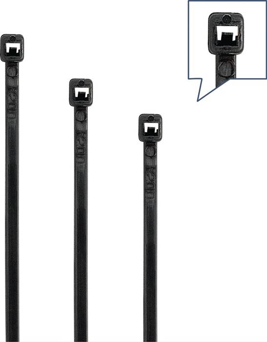 Vier schwarze Kabelbinder unterschiedlicher Länge werden gezeigt. Eine Detailaufnahme in der oberen rechten Ecke zeigt den Befestigungsmechanismus.