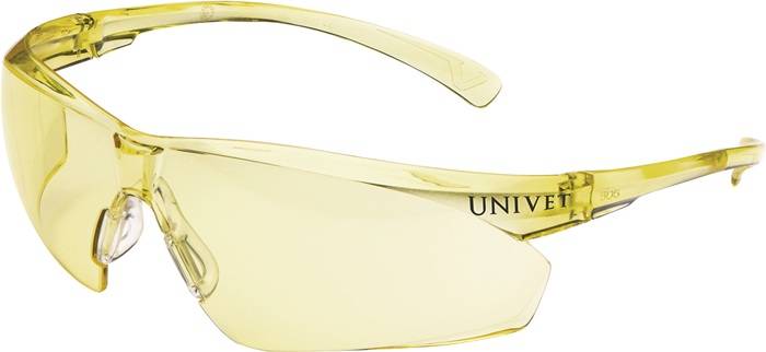 Gelb getönte Sicherheitsbrillen mit 'U N I V E X' an der Seite, ausgestattet mit schützenden Rundumgläsern und verstellbaren Bügeln.