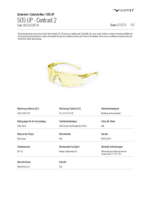 Schutzbrille 505U EN 166,EN 170 Bügel gelb,Scheibe gelb PC UNIVET