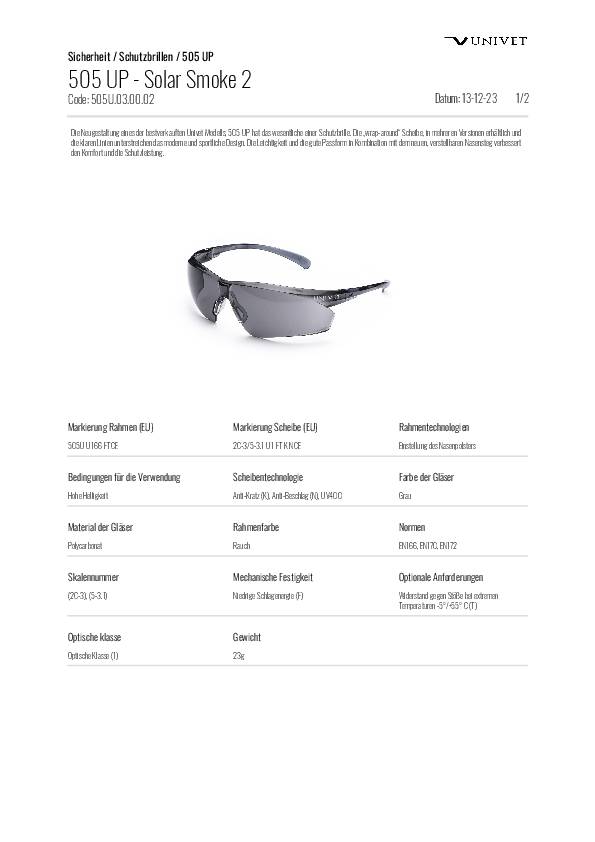 Schutzbrille 505U EN 166,EN 170 Bügel grau,Scheibe getönt PC UNIVET