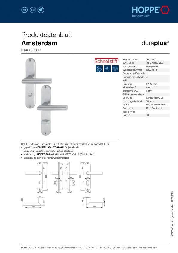 Langschildgarnitur Ams.E1400Z/302 VA F69 SK/OL 78mm HOPPE