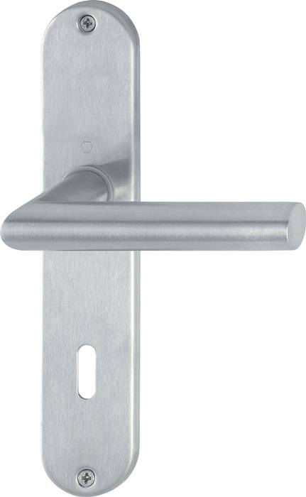 Ein silberner Metalltürgriff auf einer vertikalen rechteckigen Platte wird vor einem weißen Hintergrund gezeigt, was ein modernes Design andeutet.