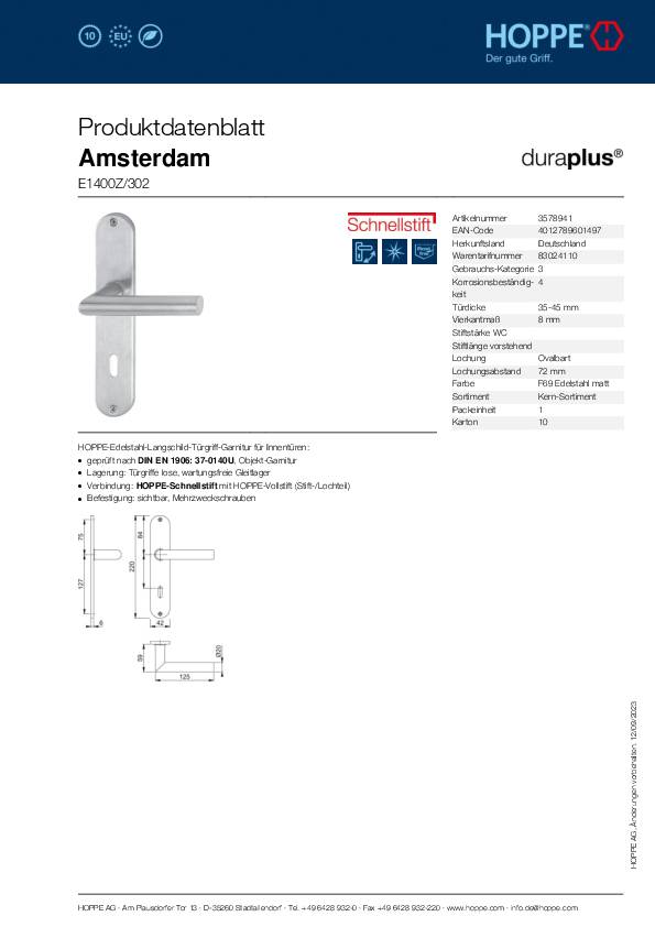 Langschildgarnitur Ams.E1400Z/302 VA F69 OB 72mm HOPPE