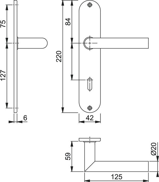 Technische Zeichnung eines Türgriffs mit Maßangaben: 220 mm Länge, 75 mm Breite, 42 mm Plattenbreite und 127 mm Abstand zwischen Griff und Unterseite.