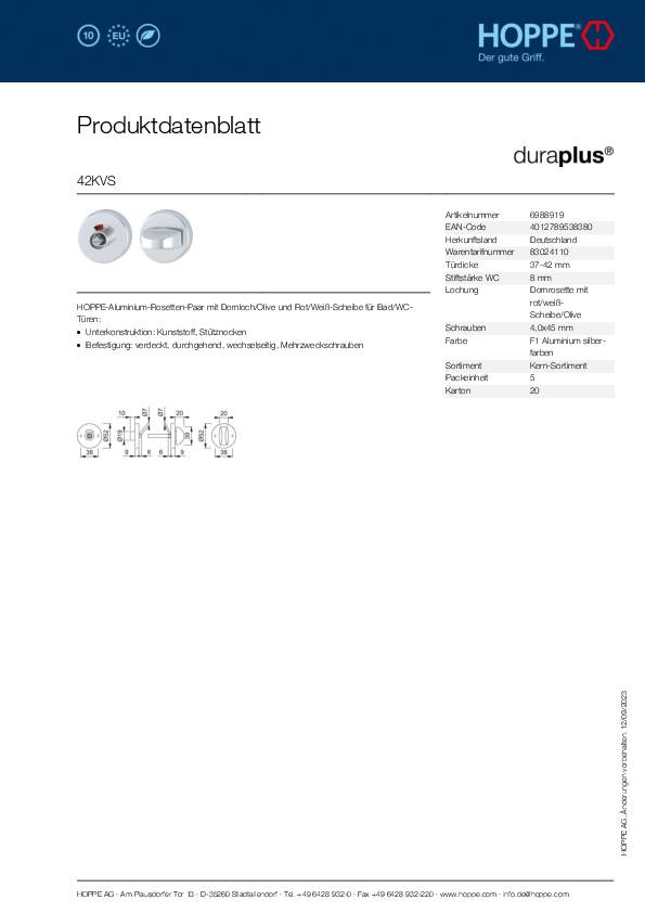 Schlüsselrosetten-Paar 42KVS Alu.F1/Alu silberf.Schildst.9mm SK/OL rd.HOPPE