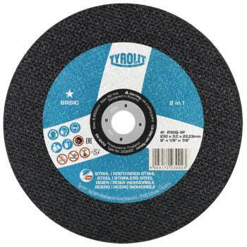 Eine runde, schwarze Tyrolit Trennscheibe, gekennzeichnet mit '2 in 1' für Stahl und Edelstahl. Abschnitte zeigen Produktdetails und Sicherheitssymbole.
