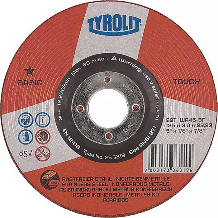 Eine kreisförmige Metalltrennscheibe mit der Aufschrift 'TYROLIT' und '125 x 1.0 x 22.23', geeignet für Edelstahl und Nichteisen-Metalle.