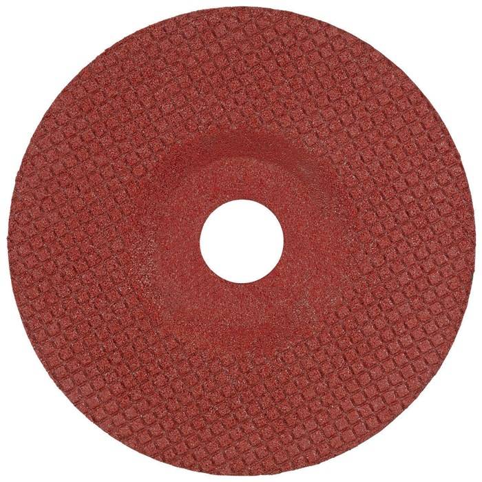 Eine kreisförmige, rote, strukturierte Schleifscheibe mit einem zentralen Loch, die zum Glätten oder Formen von Materialien im Bau- oder Metallarbeitsbereich verwendet wird.