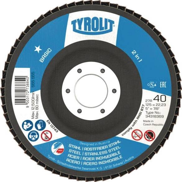 Fächerscheibe BASIC D.125mm K.40 gekr.Stahl,VA ZA-ZK TYROLIT