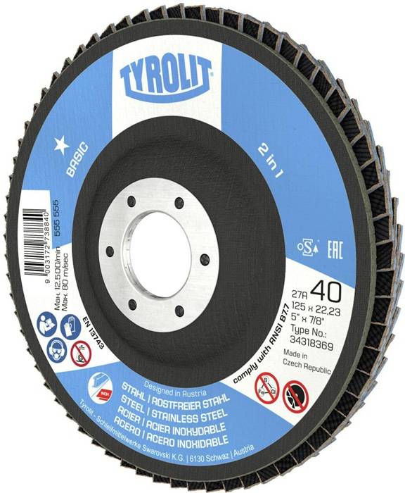 Fächerscheibe BASIC D.125mm K.40 gekr.Stahl,VA ZA-ZK TYROLIT