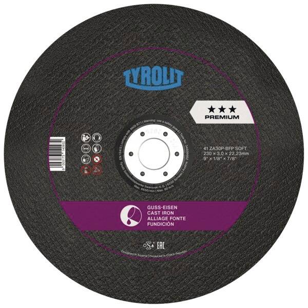 Ein Premium-Trennscheibe von Tyrolit für Gusseisen, 230mm, schwarz mit Zentralloch, beschriftet mit 'GUSS-EISEN' und drei Sternen, mit Produktspezifikationen.