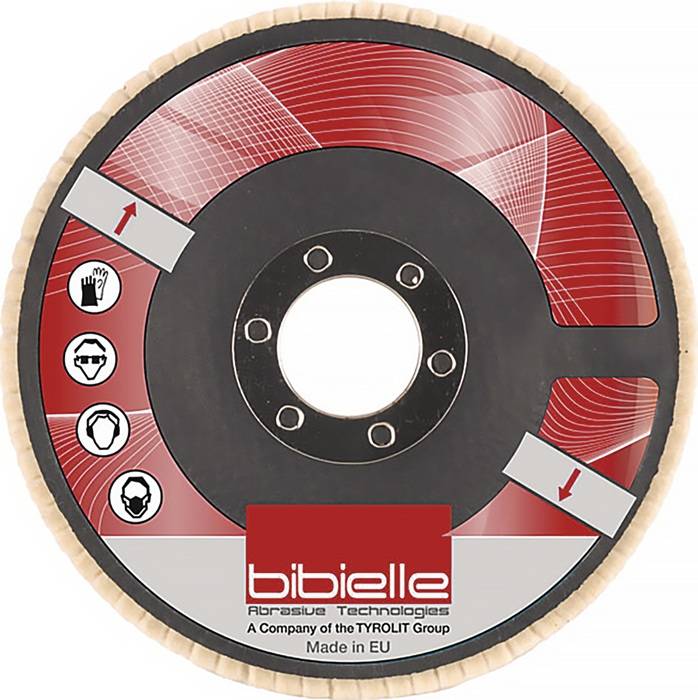 Kreisförmiges Schleiftrennrad, beschriftet mit 'bibielle Abrasive Technologies'. Enthält Sicherheitssymbole und Anweisungen zur Verwendungsrichtung. Hergestellt in der EU.