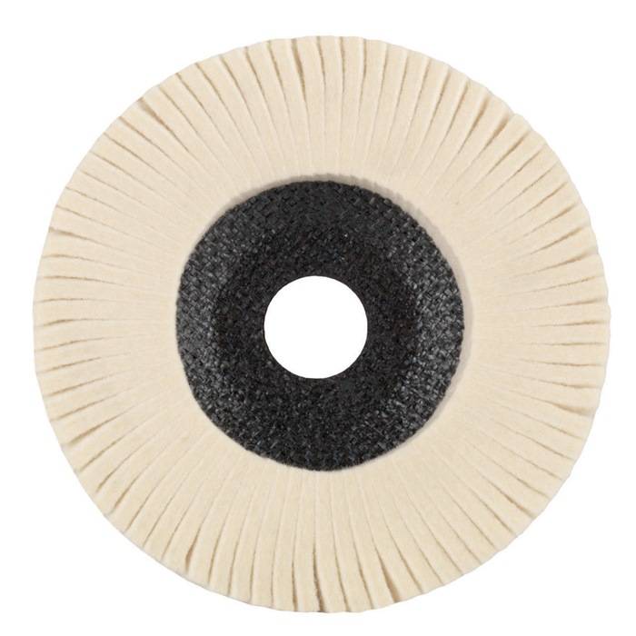 Ein kreisförmiges beiges Polierscheibe mit einem zentralen schwarzen Loch, die zum Polieren von Oberflächen verwendet wird.