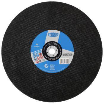 Eine kreisrunde, abrasive Trennscheibe mit blau-weißem Etikett, die Warnhinweissymbole, technische Spezifikationen und den Markennamen trägt.