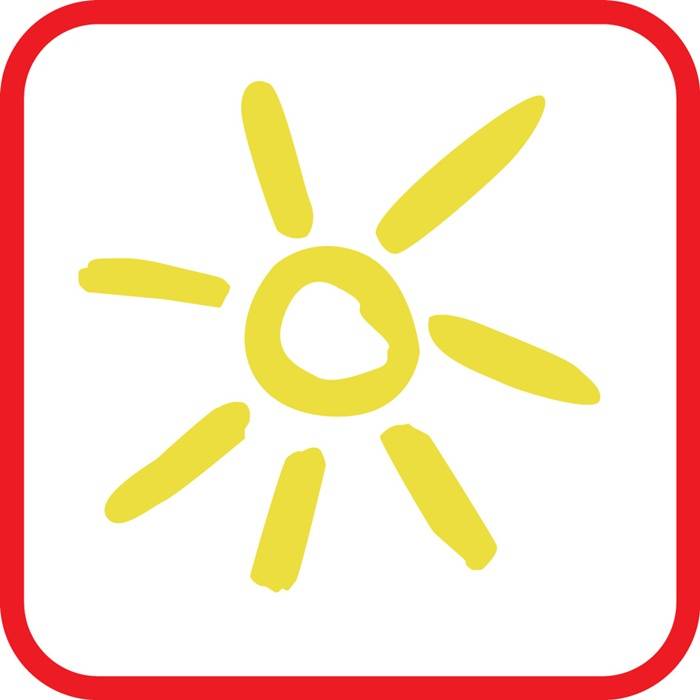 Eine stilisierte gelbe Sonne mit acht Strahlen innerhalb eines rot umrandeten Quadrats, die Wärme oder sonniges Wetter darstellt.