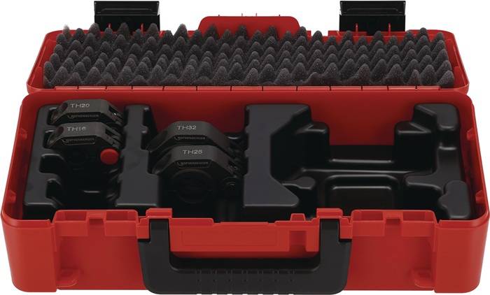 Eine rote Werkzeugkiste mit Schaumstoffpolsterung enthält verschiedene schwarze Werkzeuge, einschließlich eines TH32-Modellwerkzeugs. Das Innere ist für eine sichere Aufbewahrung konzipiert.