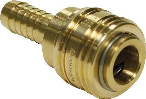 Ein Nahaufnahme-Bild eines Messingschlauchanschlusses mit detaillierten Gewindestrukturen und einer glänzenden, metallischen Oberfläche.