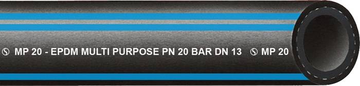 Ein schwarzes Rohr mit blauen Streifen und weißem Text, der die Aufschrift 'POSE PN 20 BAR' trägt und seinen Druckwert anzeigt.