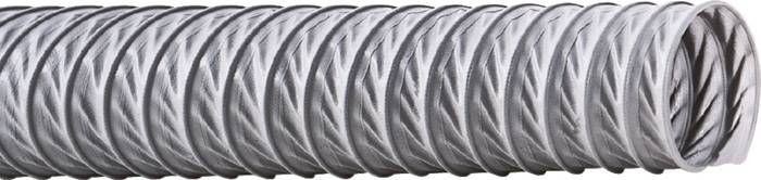 Eine Nahaufnahme eines flexiblen, gewellten Metallkanals, die sein sich wiederholendes gerifftes Muster und die metallische Textur zeigt, der in HVAC-Systemen verwendet wird.