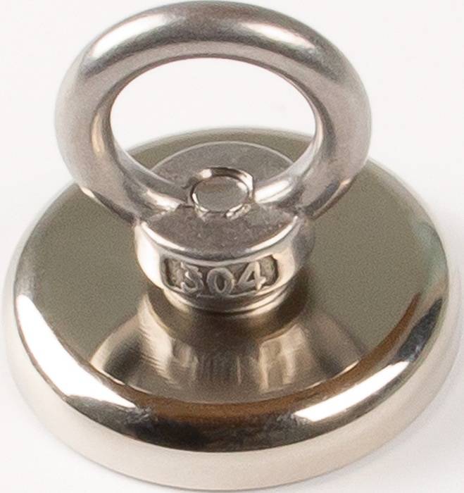 Eine glänzende, rostfreie Magnetbasis aus Edelstahl mit einer Ösenhalterung oben, mit der Aufschrift '304', die das Licht reflektiert, typischerweise verwendet für eine sichere Befestigung.