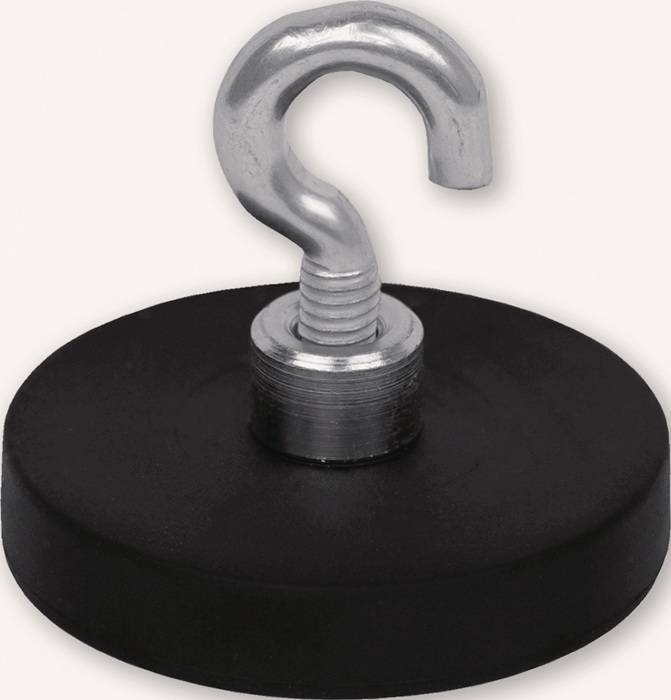 Ein runder schwarzer Magnet mit einem metallischen Schraubenhaken oben, der zum Aufhängen von Gegenständen verwendet wird. Geeignet für Aufbewahrungs- oder Präsentationszwecke.