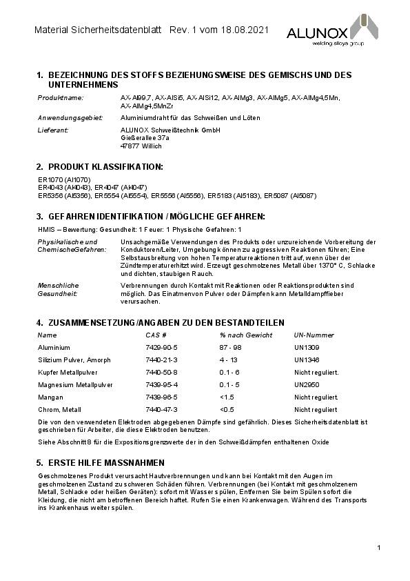 TIG-Schweißstab AX-AlMg 4,5 Mn D.3,2mm Stab-L.1000mm 10 ALUNOX
