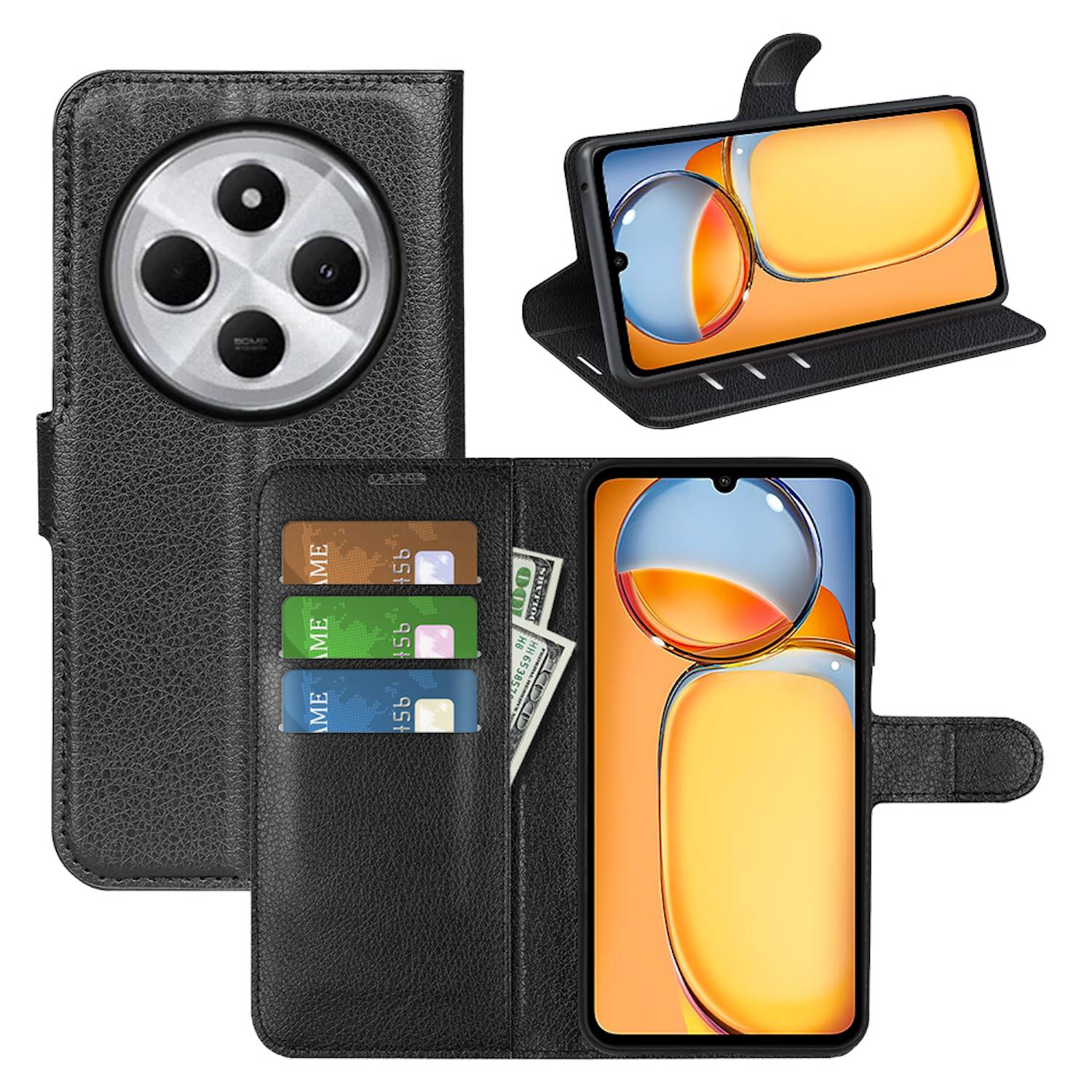 Für Xiaomi Redmi 14C Handy Tasche Schwarz Etuis Kunst-Leder Hülle Case + H9 Hart Glas