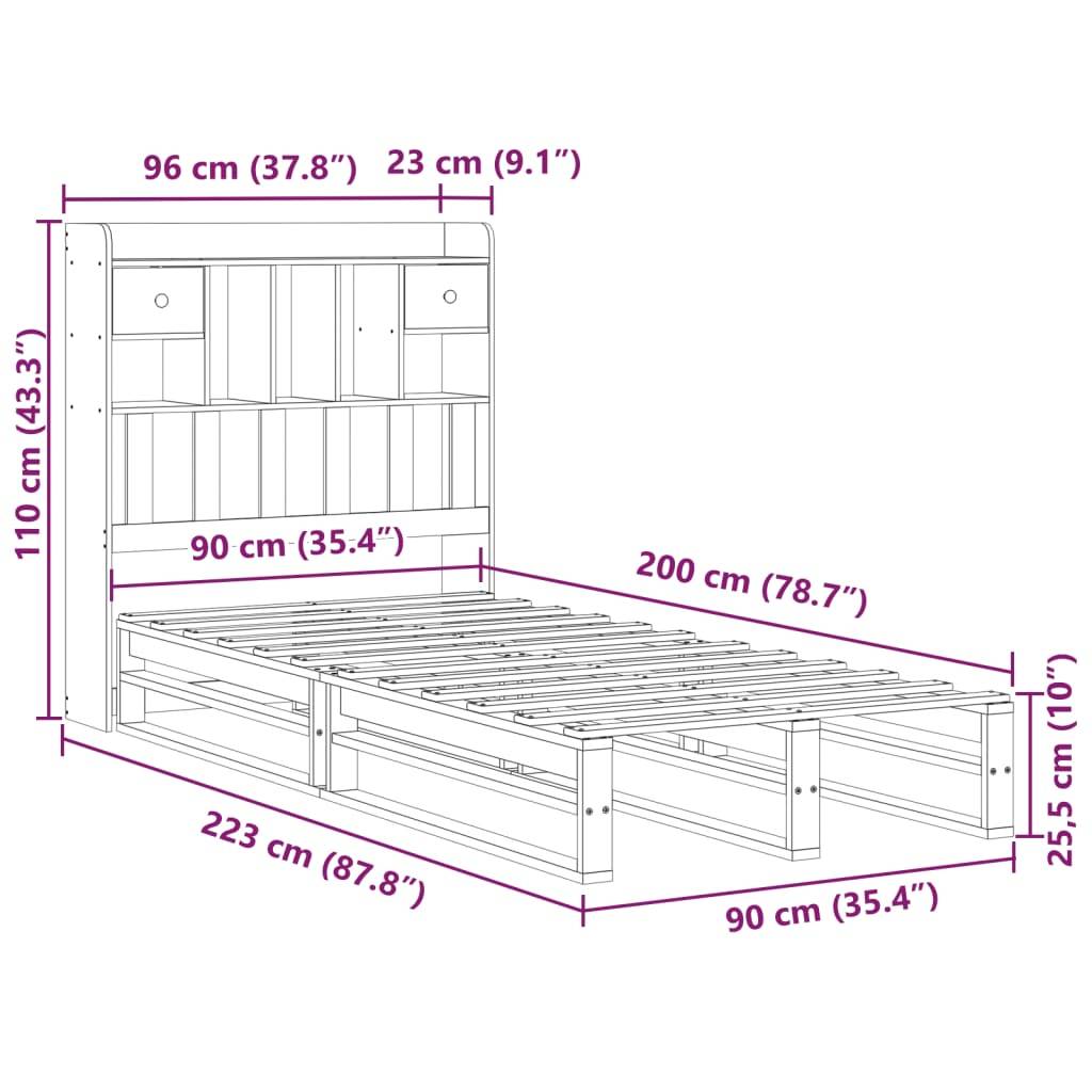 vidaXL Massivholzbett mit Regal ohne Matratze 90x200 cm Kiefer