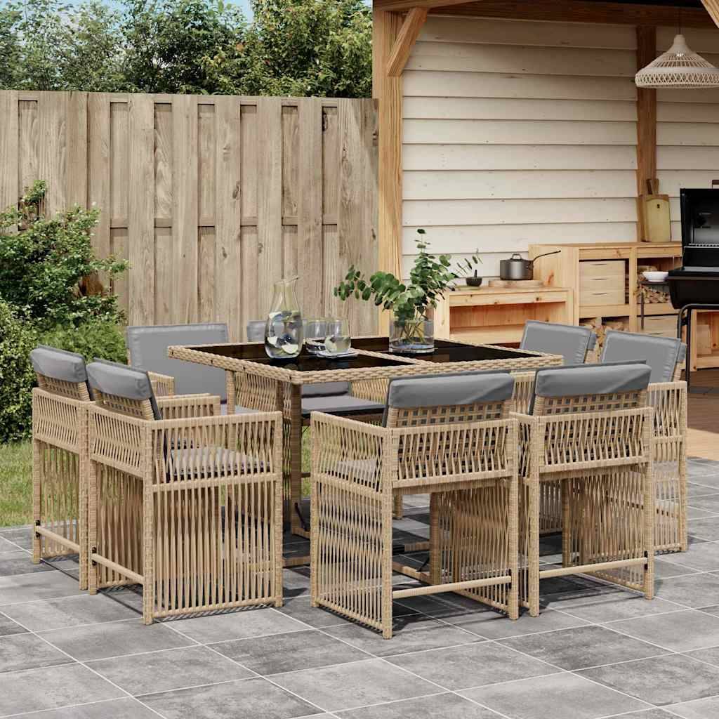 vidaXL 9-tlg. Garten-Essgruppe mit Kissen Beigemischung Poly Rattan