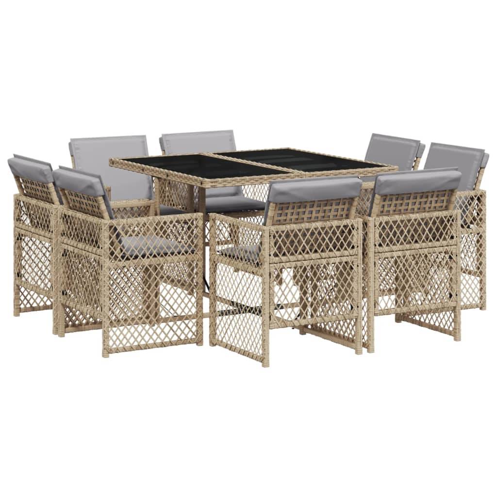 vidaXL 9-tlg. Garten-Essgruppe mit Kissen Beigemischung Poly Rattan