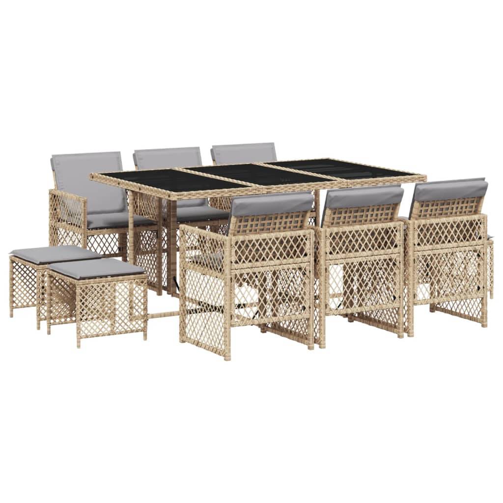 vidaXL 11-tlg. Garten-Essgruppe mit Kissen Beige Poly Rattan