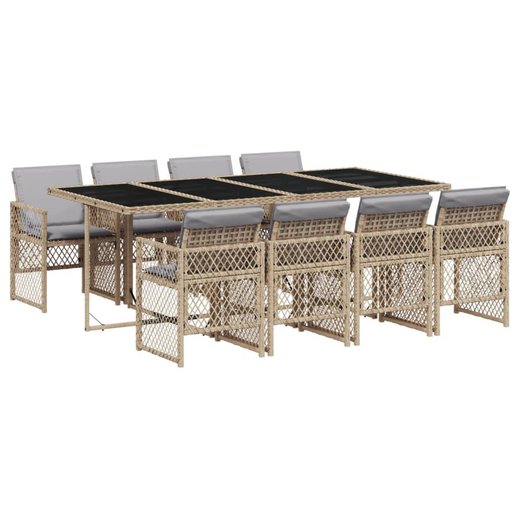 vidaXL 9-tlg. Garten-Essgruppe mit Kissen Beige Poly Rattan