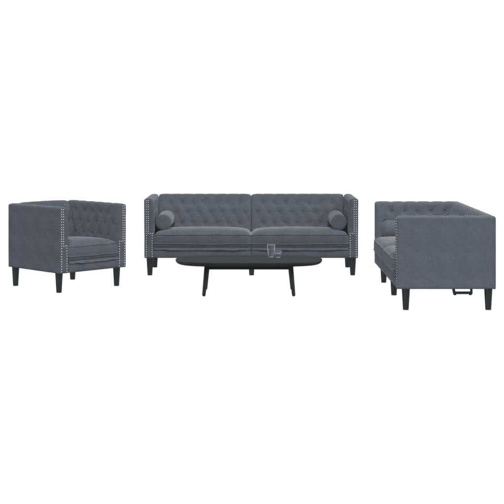vidaXL 3-tlg. Chesterfield-Sofa-Set mit Nackenrollen Dunkelgrau Samt