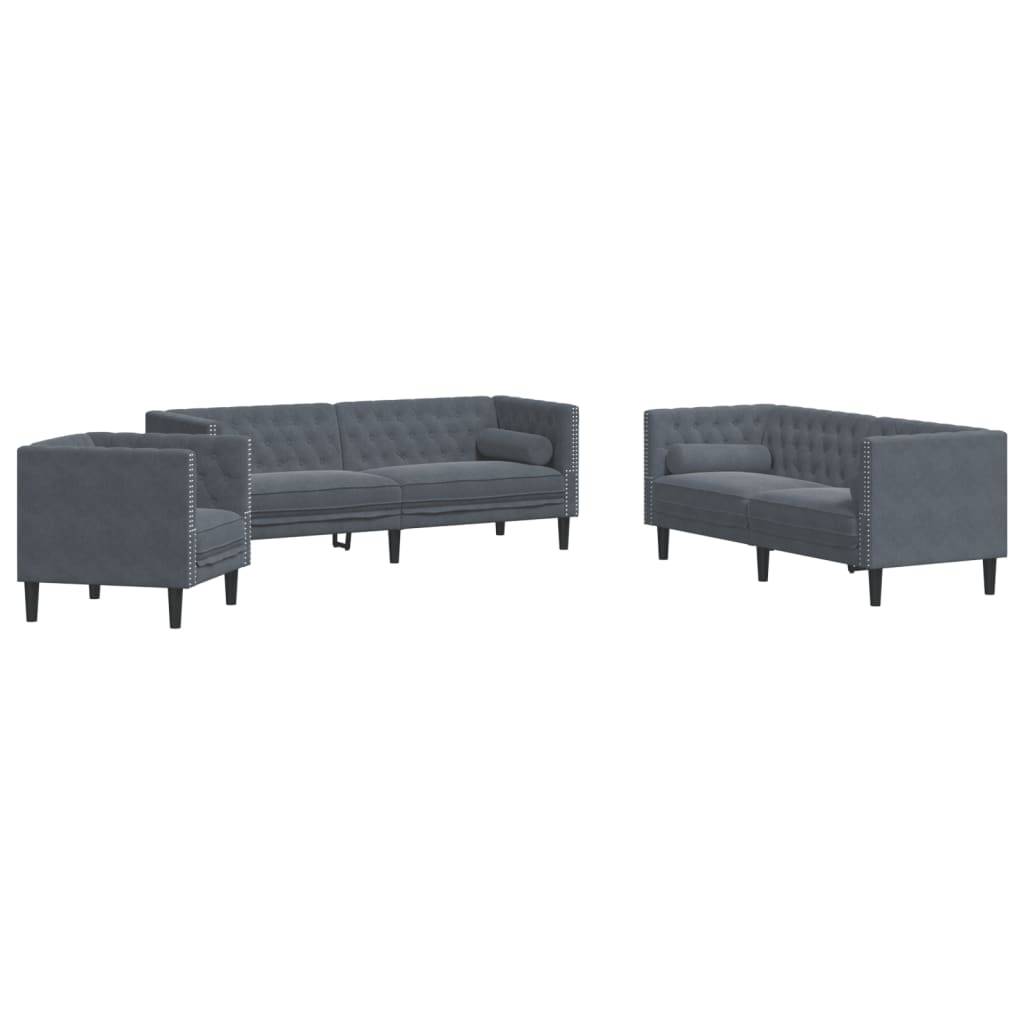 vidaXL 3-tlg. Chesterfield-Sofa-Set mit Nackenrollen Dunkelgrau Samt