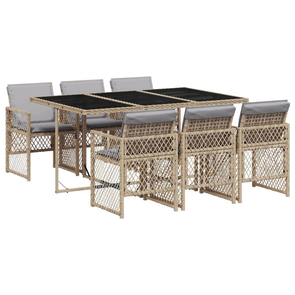 vidaXL 7-tlg. Garten-Essgruppe mit Kissen Beige Poly Rattan