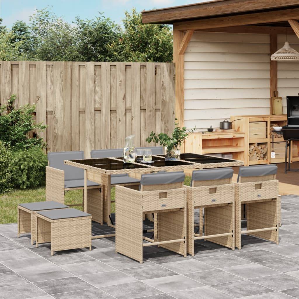 vidaXL 11-tlg. Garten-Essgruppe mit Kissen Beigemischung Poly Rattan