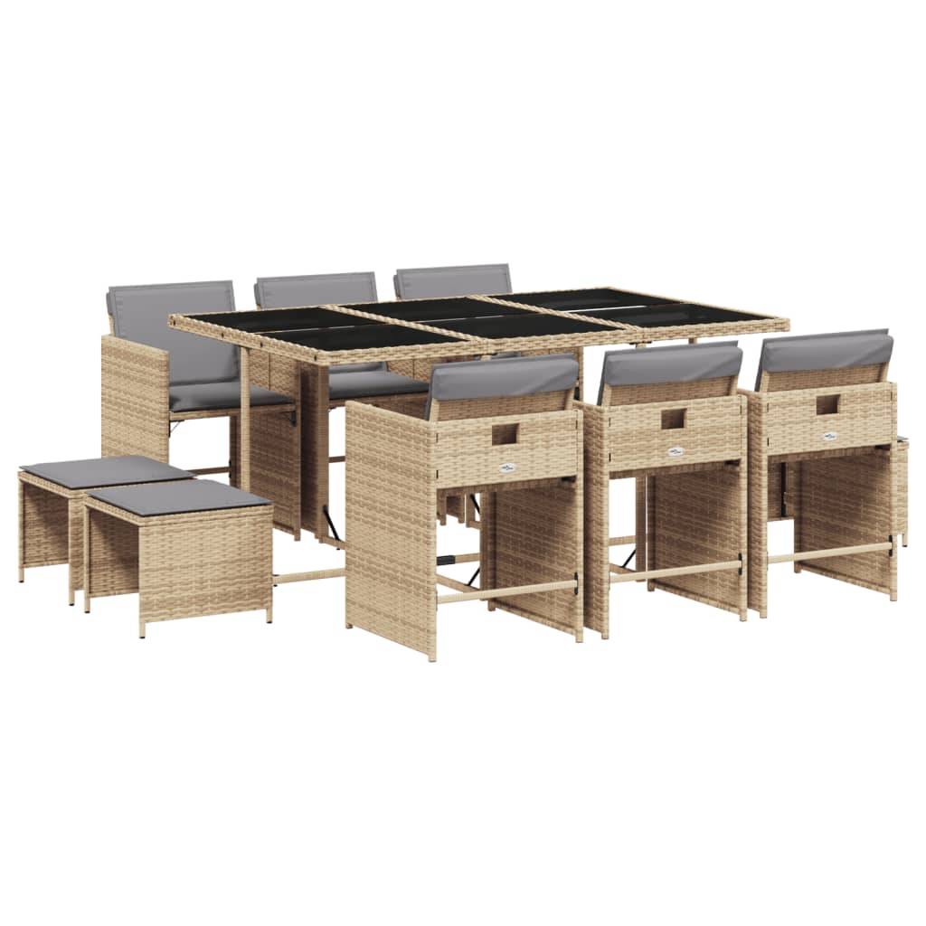 vidaXL 11-tlg. Garten-Essgruppe mit Kissen Beigemischung Poly Rattan