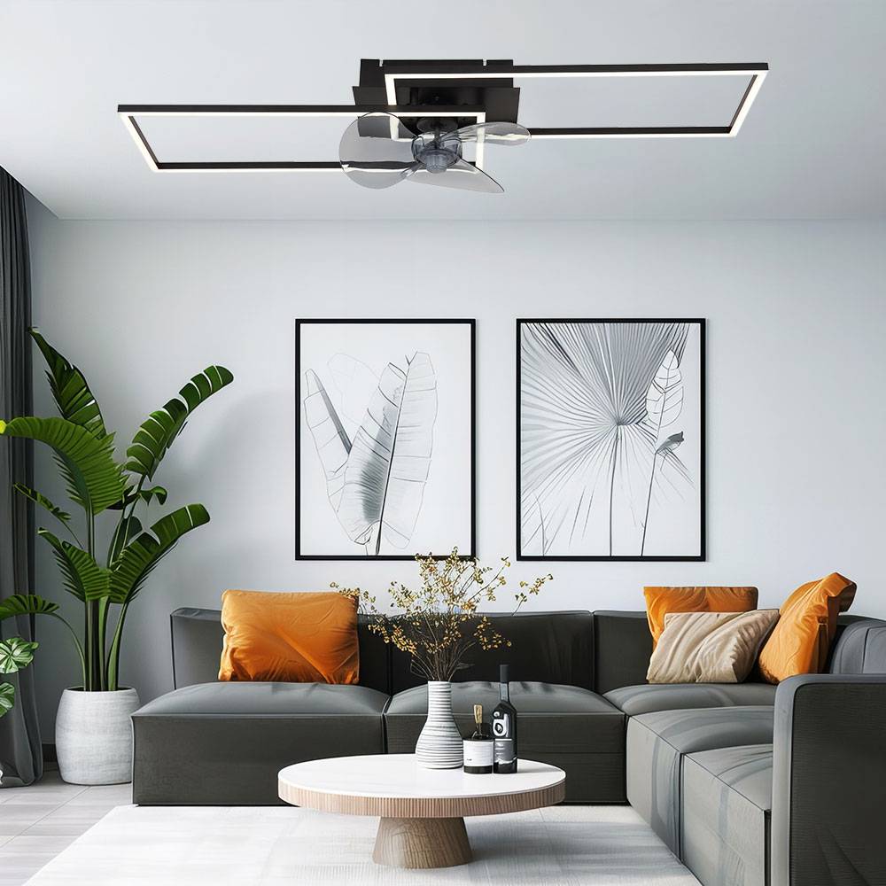 Deckenventilator Deckenlampe Wohnzimmerleuchte Esszimmerlampe Küchenleuchte, Metall Alu schwarz, dimmbar Fernbedienung CCT, LED 38W 1800Lm