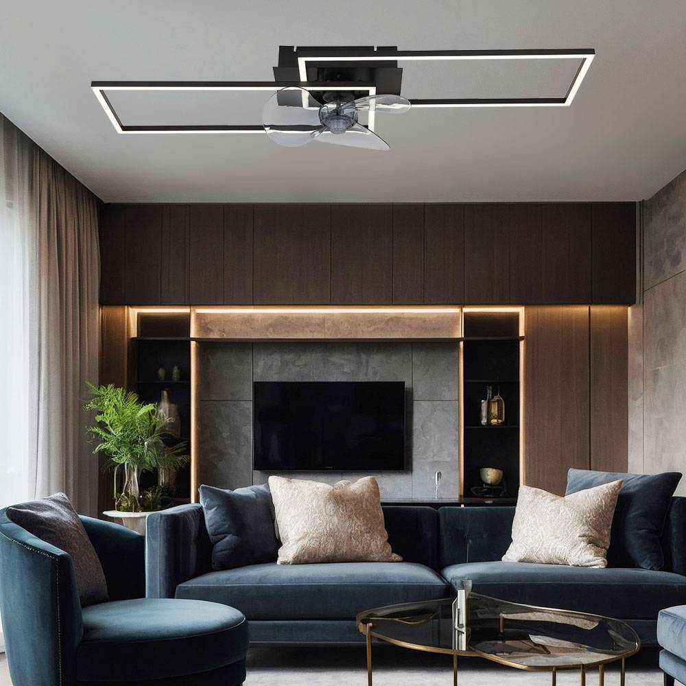 Deckenventilator Deckenlampe Wohnzimmerleuchte Esszimmerlampe Küchenleuchte, Metall Alu schwarz, dimmbar Fernbedienung CCT, LED 38W 1800Lm