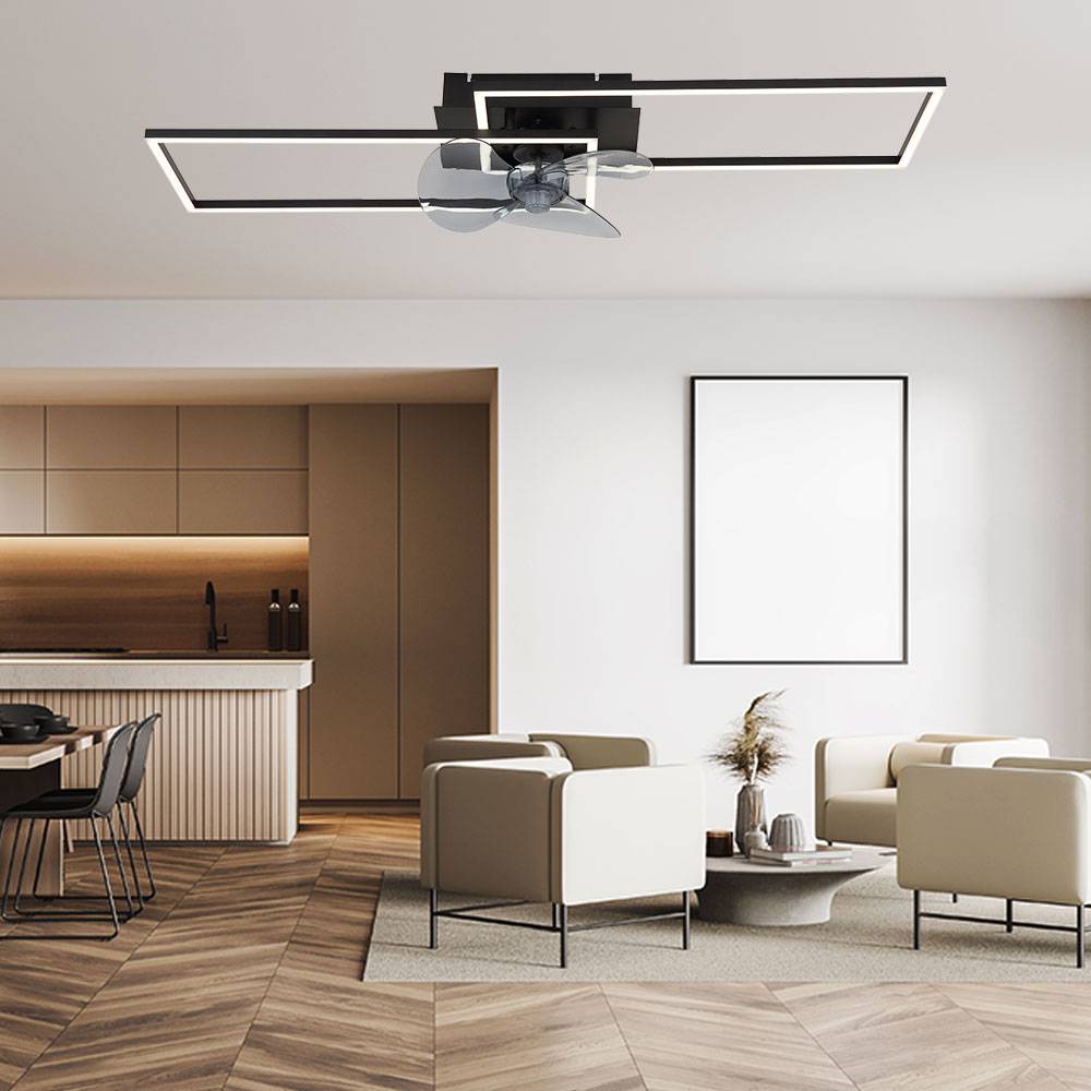 Deckenventilator Deckenlampe Wohnzimmerleuchte Esszimmerlampe Küchenleuchte, Metall Alu schwarz, dimmbar Fernbedienung CCT, LED 38W 1800Lm