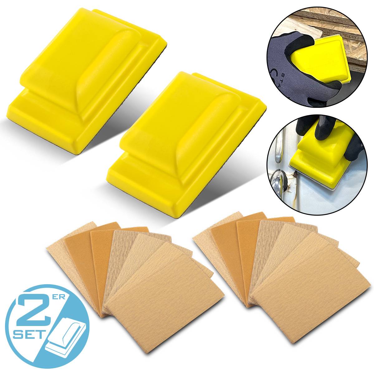 STAHLWERK Handschleifblock 2er Set aus PU-Schaumstoff mit Klett-Schleifmittel