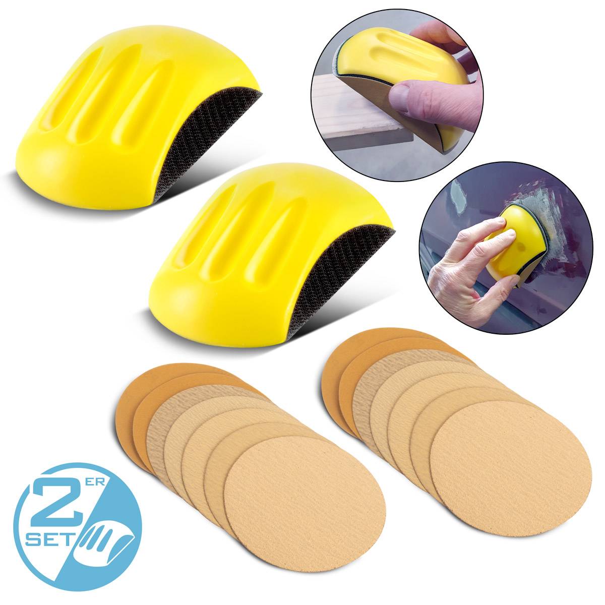 STAHLWERK Handschleifblock 2er Set aus PU-Schaumstoff mit Klett-Schleifmittel