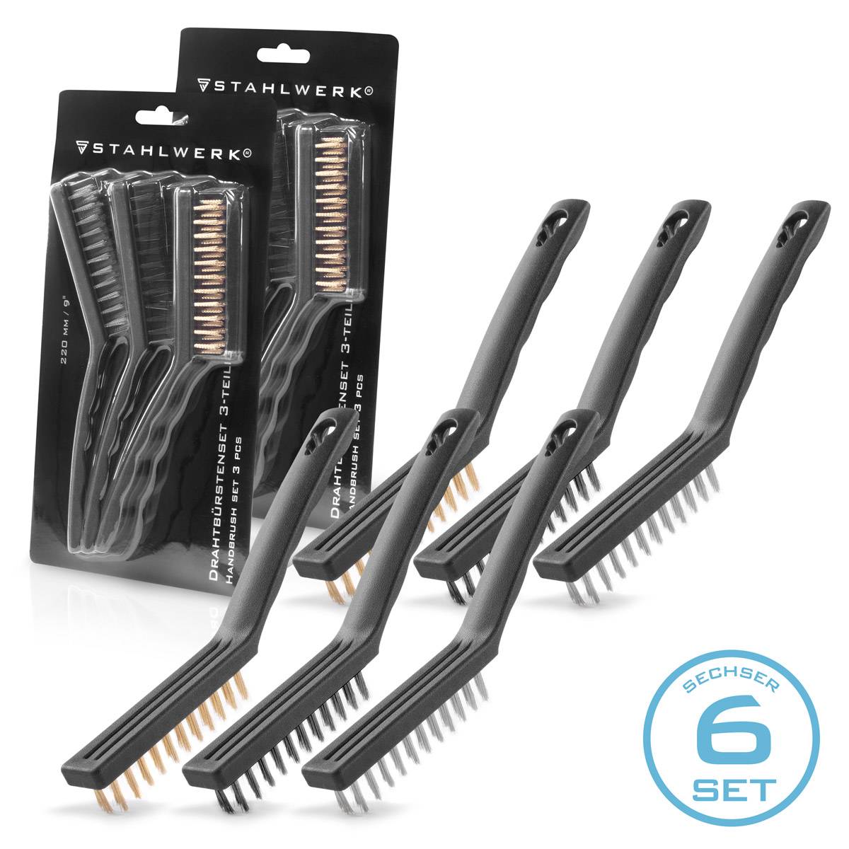 STAHLWERK Drahtbürsten Set 220 mm (9 Zoll) 6-teiliger Bürstensatz