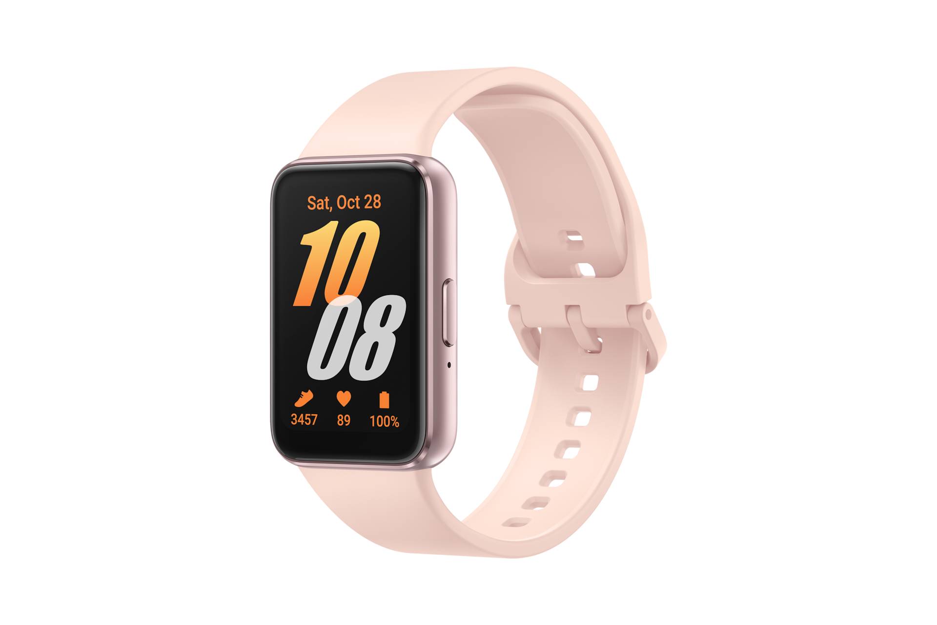Rosa Smartwatch mit rechteckigem Display, das 10:08 anzeigt, das Datum 