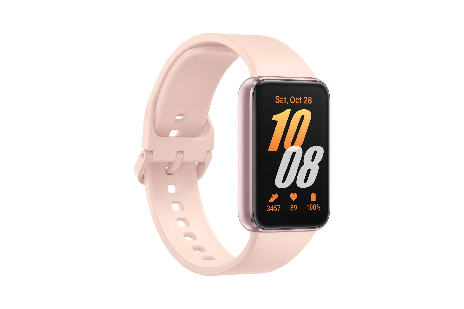 Rosa Smartwatch mit rechteckigem schwarzem Display, das 